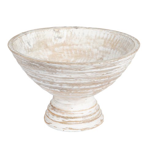 Boho Wood Pedestal Serving Bowl, White Wash Finish