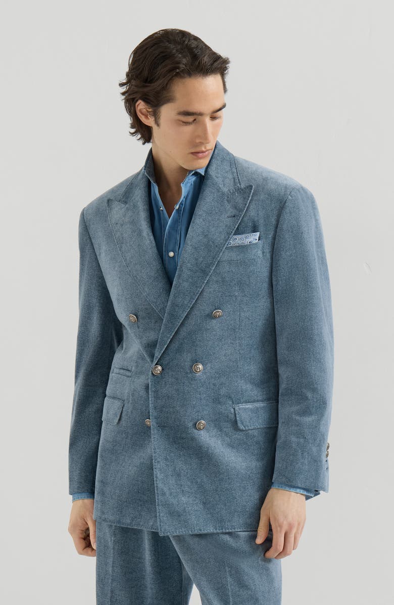 Brunello Cucinelli Denim-effect cotton velvet one-and-a-half breasted Tailor blazer with metal buttons, Main, color, Cerulean