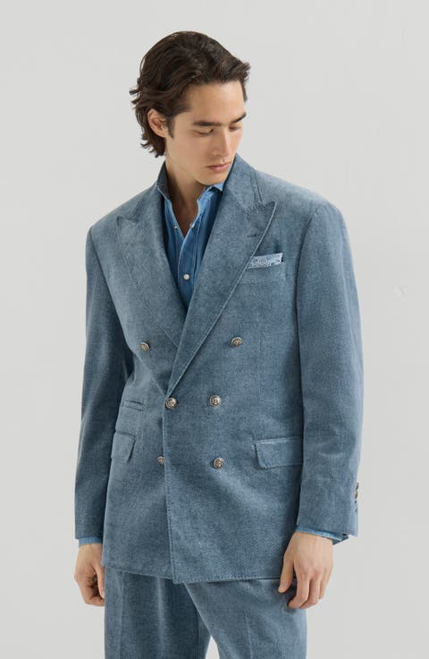 Denim-effect cotton velvet one-and-a-half breasted Tailor blazer with metal buttons
