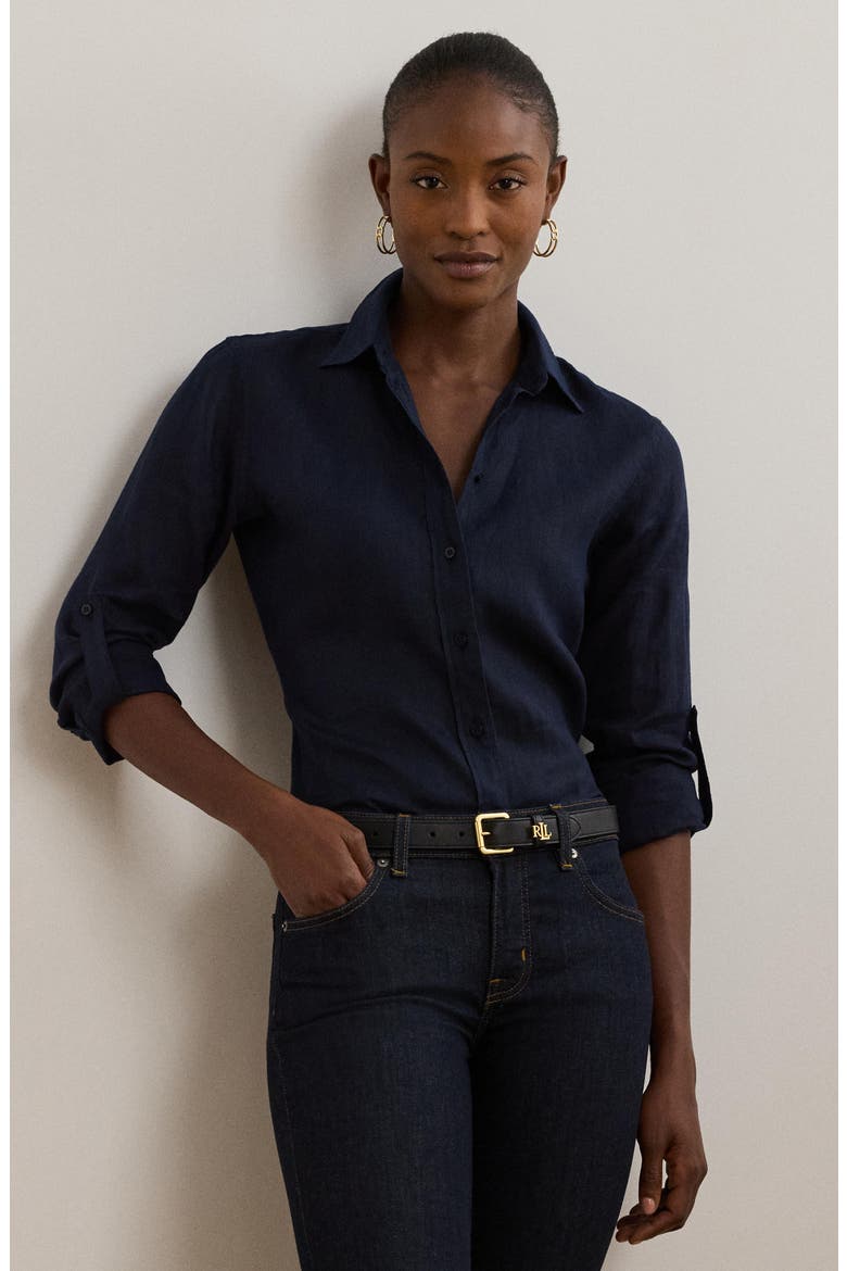 Relaxed Fit Linen Button-Up Shirt, Alternate, color, LAUREN NAVY