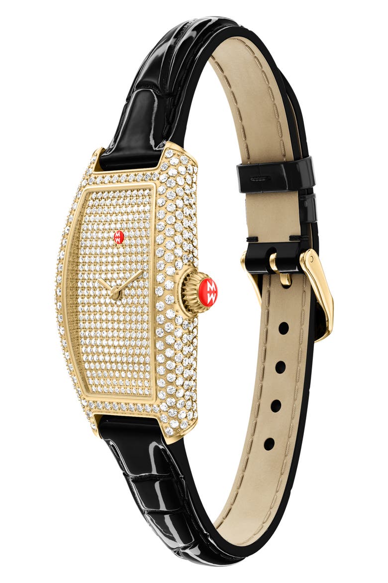 Pavé Diamond Tonneau Leather Strap Watch, 23mm x 40mm, Alternate, color, BLACK