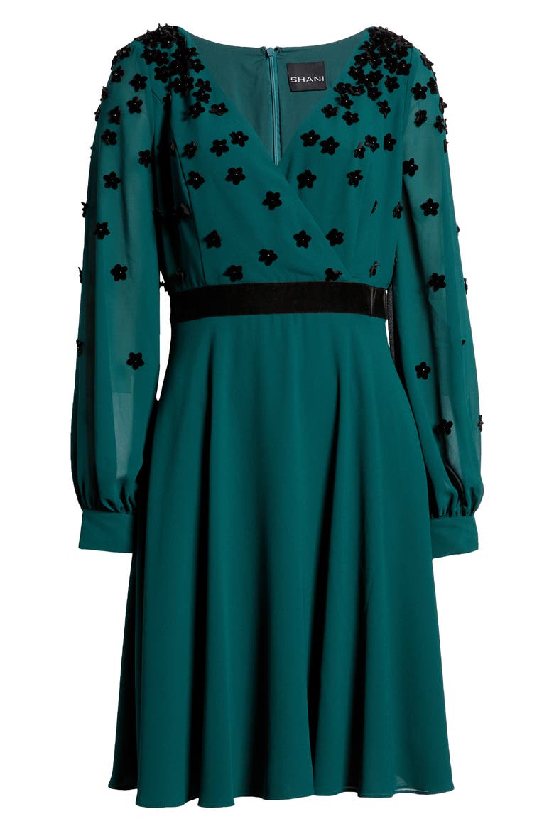 Georgette Floral Appliquè Long Sleeve Dress, Alternate, color, GREEN