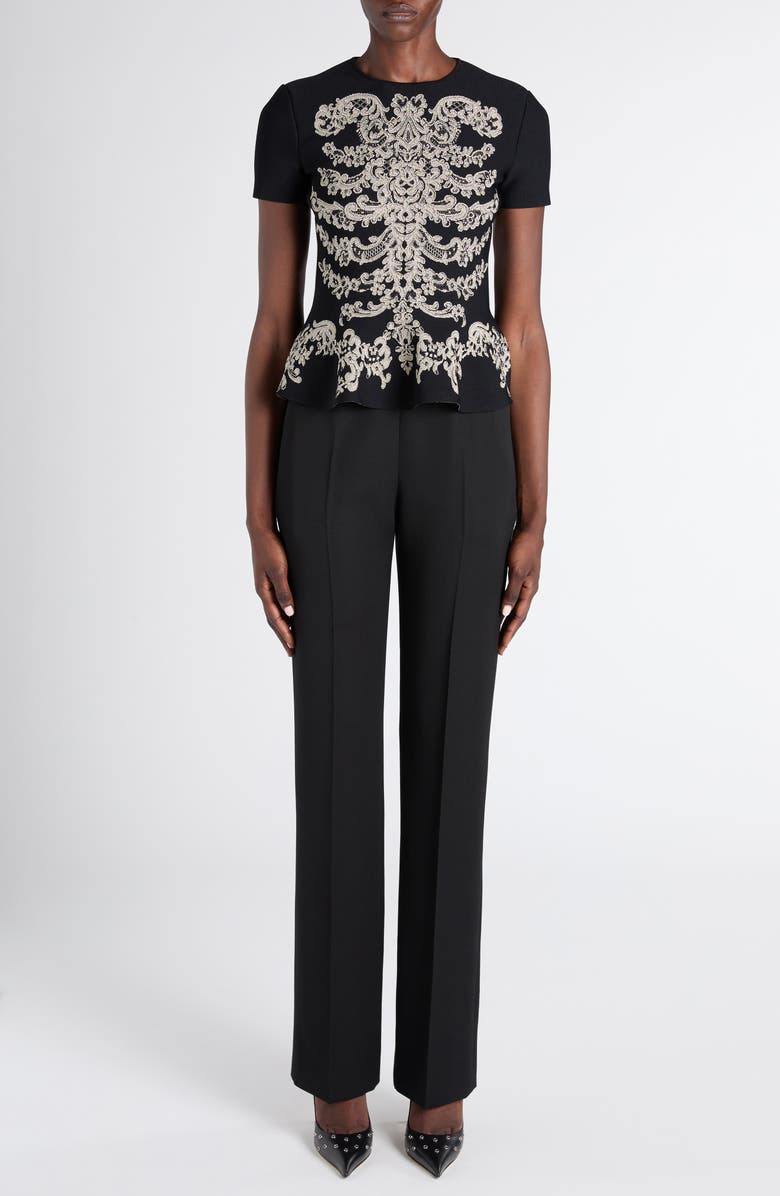 McQueen Ribcage Jacquard Peplum Top, Alternate, color, Black