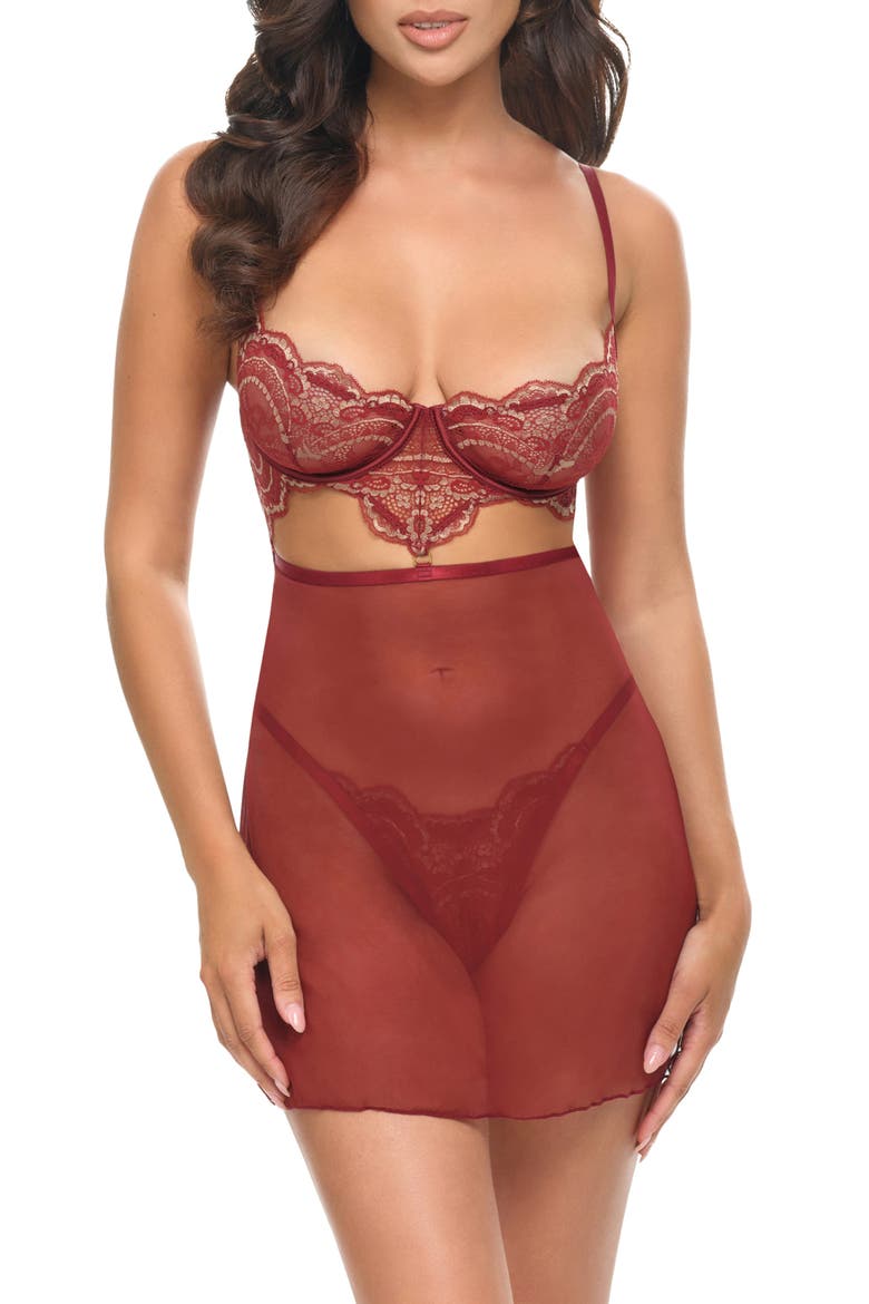 Arielle Metallic Underwire Lace & Mesh Chemise & G-String Set, Main, color, SYRAH/ FROSTED ALMOND