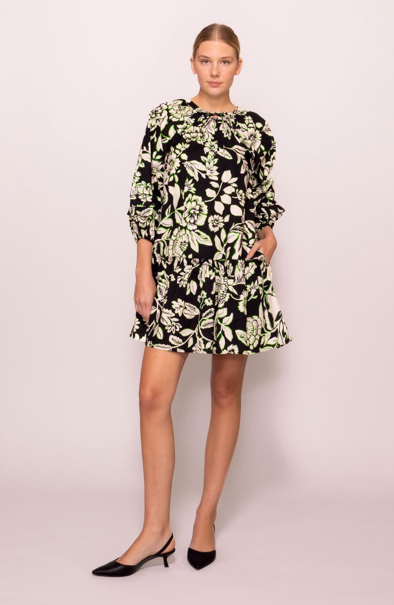 MELLODAY Floral Balloon Sleeve Babydoll Minidress, Alternate, color, Black Ivory