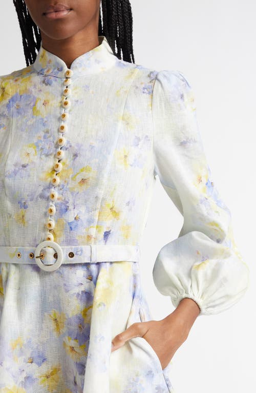Shop Zimmermann Floral Print Belted Linen Minidress In Lilac Floral