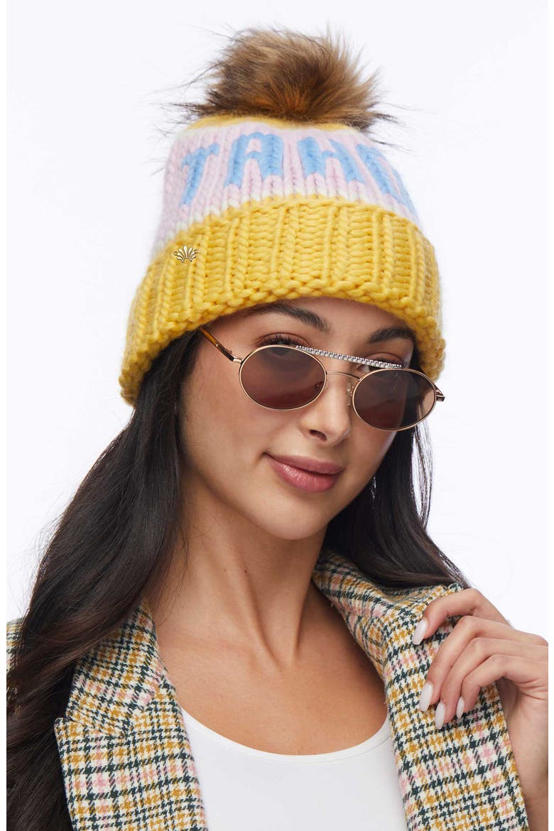 Tahoe Faux Fur PomPom Beanie, Alternate, color, SUNSHINE MULTI