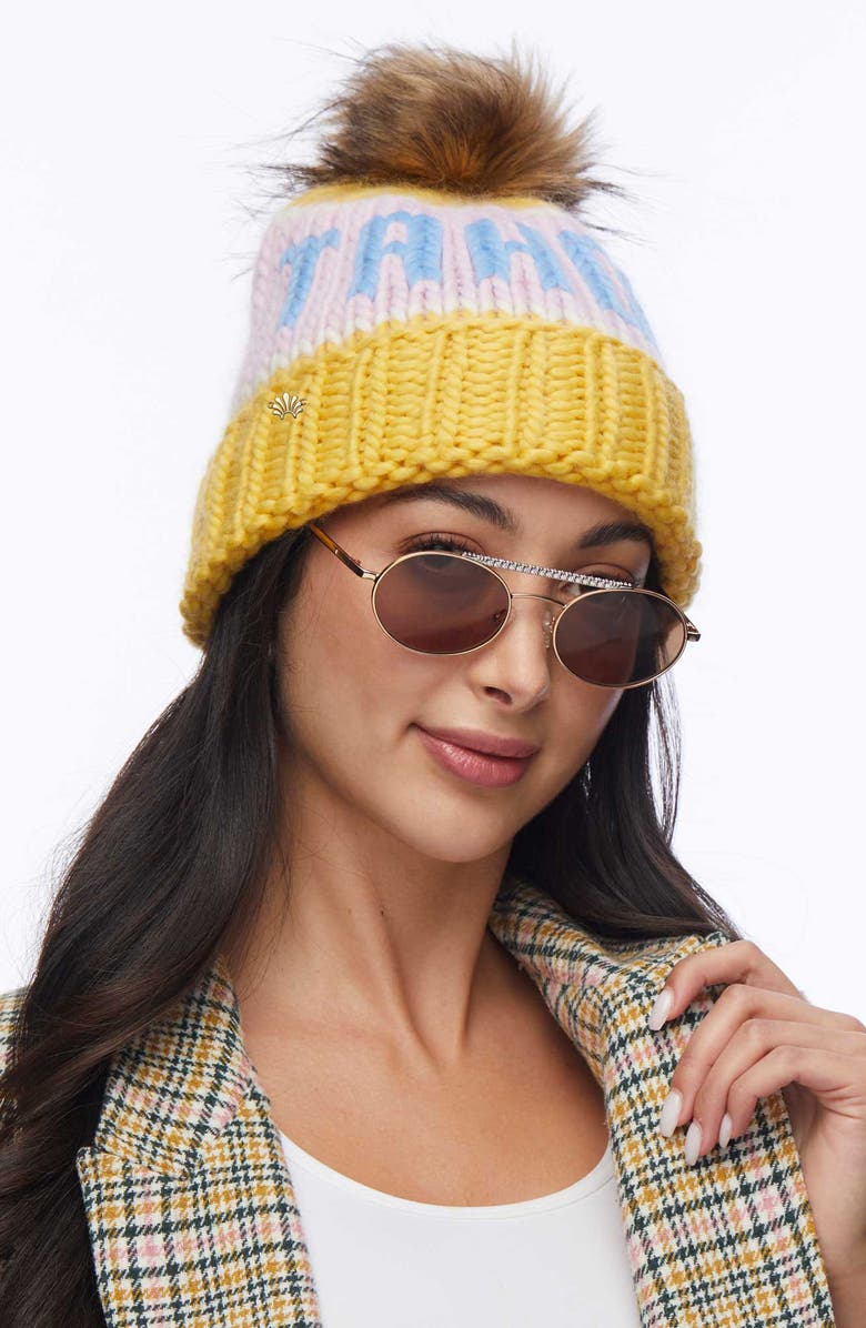 Lele Sadoughi Tahoe Faux Fur PomPom Beanie, Alternate, color, Sunshine Multi