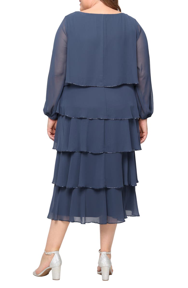 SL FASHIONS Bead Detail Long Sleeve Chiffon Cocktail Dress, Alternate, color, Slate