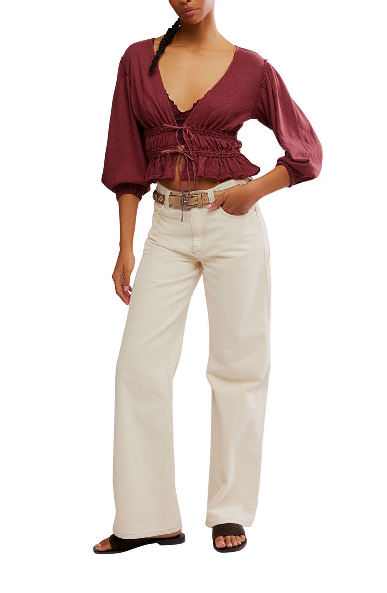 Free People Let's Go Tie Front Linen & Cotton Top, Alternate, color, Red Bark