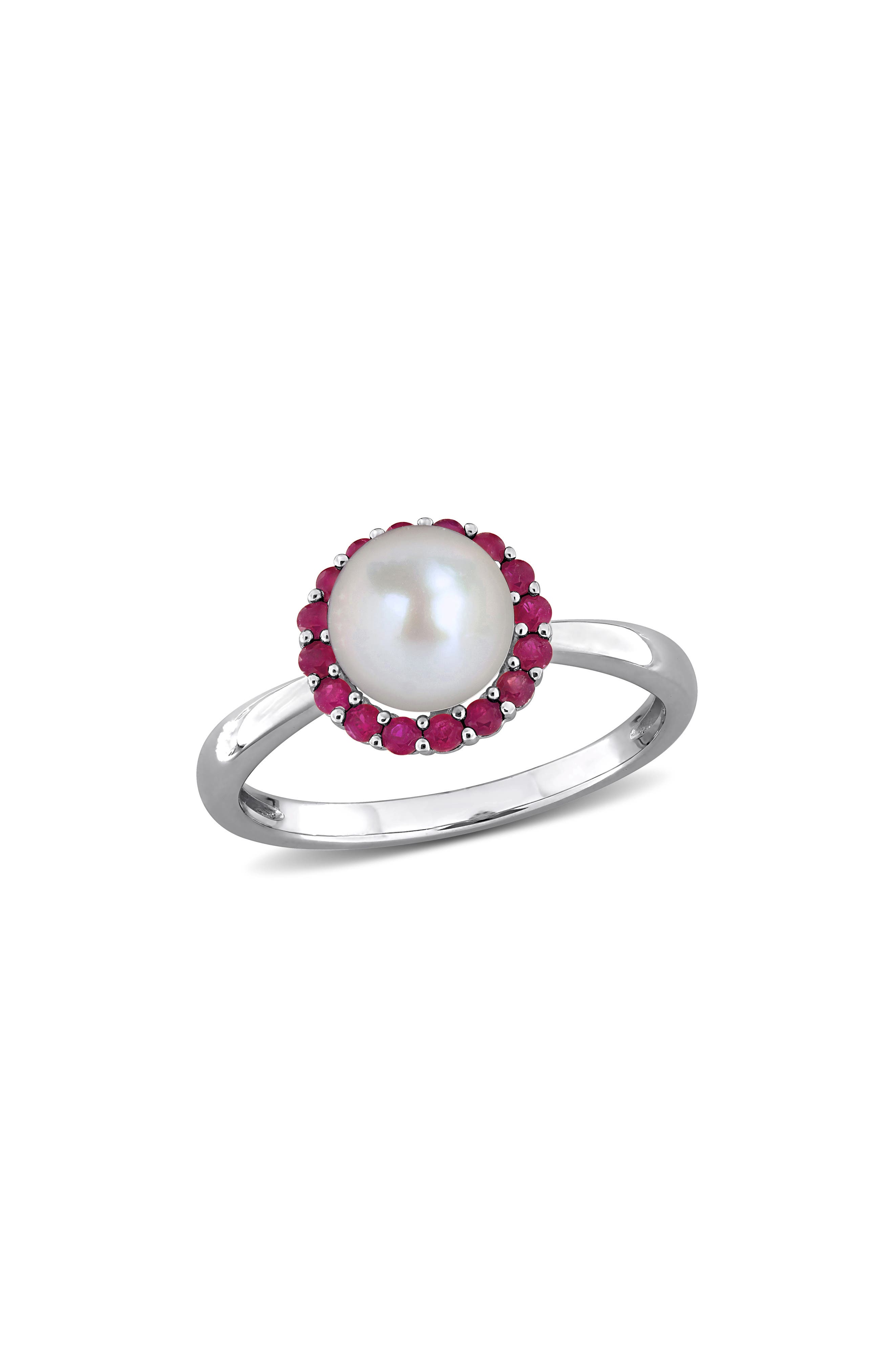 DELMAR 7-7.5mm Cultured Freshwater Pearl & Created Ruby Ring
