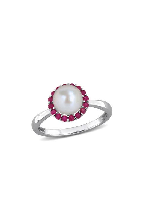 7-7.5mm Cultured Freshwater Pearl & Created Ruby Ring