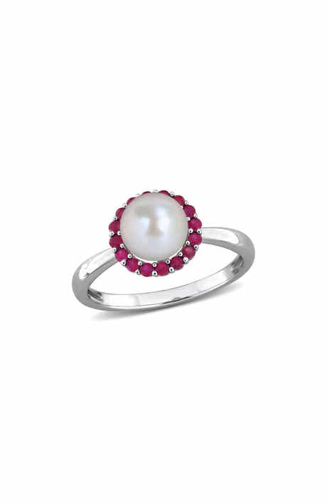 DELMAR 7-7.5mm Cultured Freshwater Pearl & Created Ruby Ring