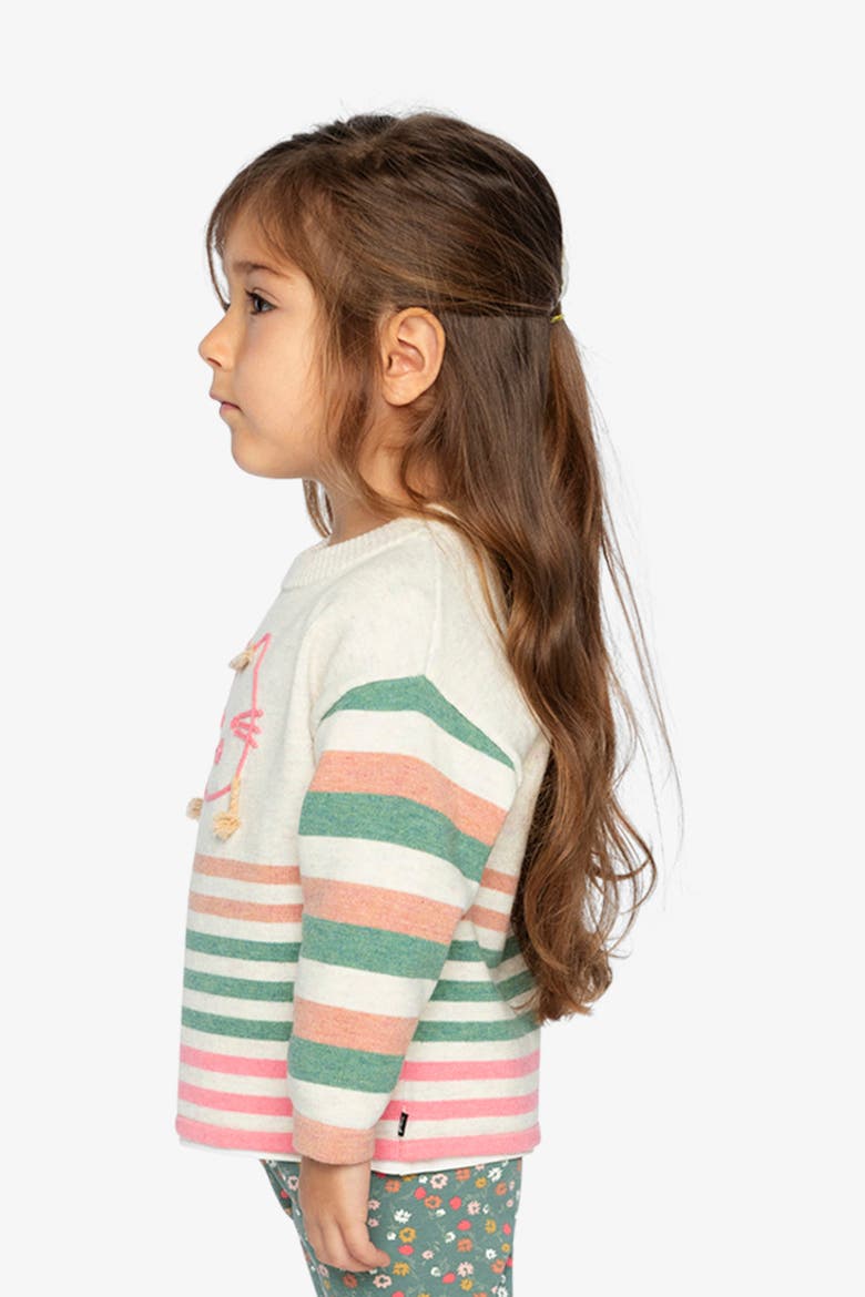 Knitted Stripe Sleeve Cat Appliqué Sweater, Alternate, color, Off-White