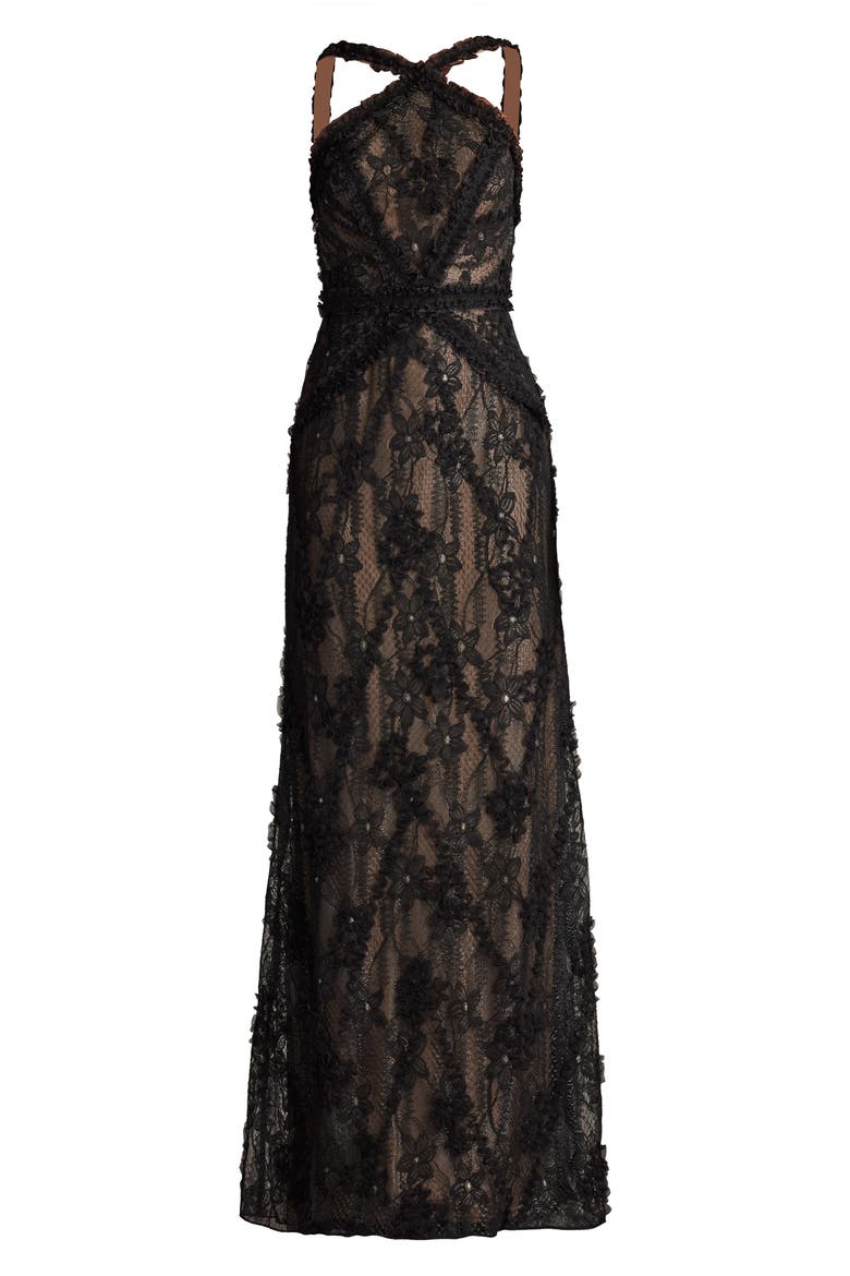 Metallic Floral Cross Neck Gown, Alternate, color, BLACK/ NUDE
