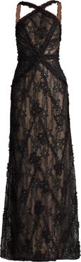 SHO by Tadashi Shoji Metallic Floral Cross Neck Gown