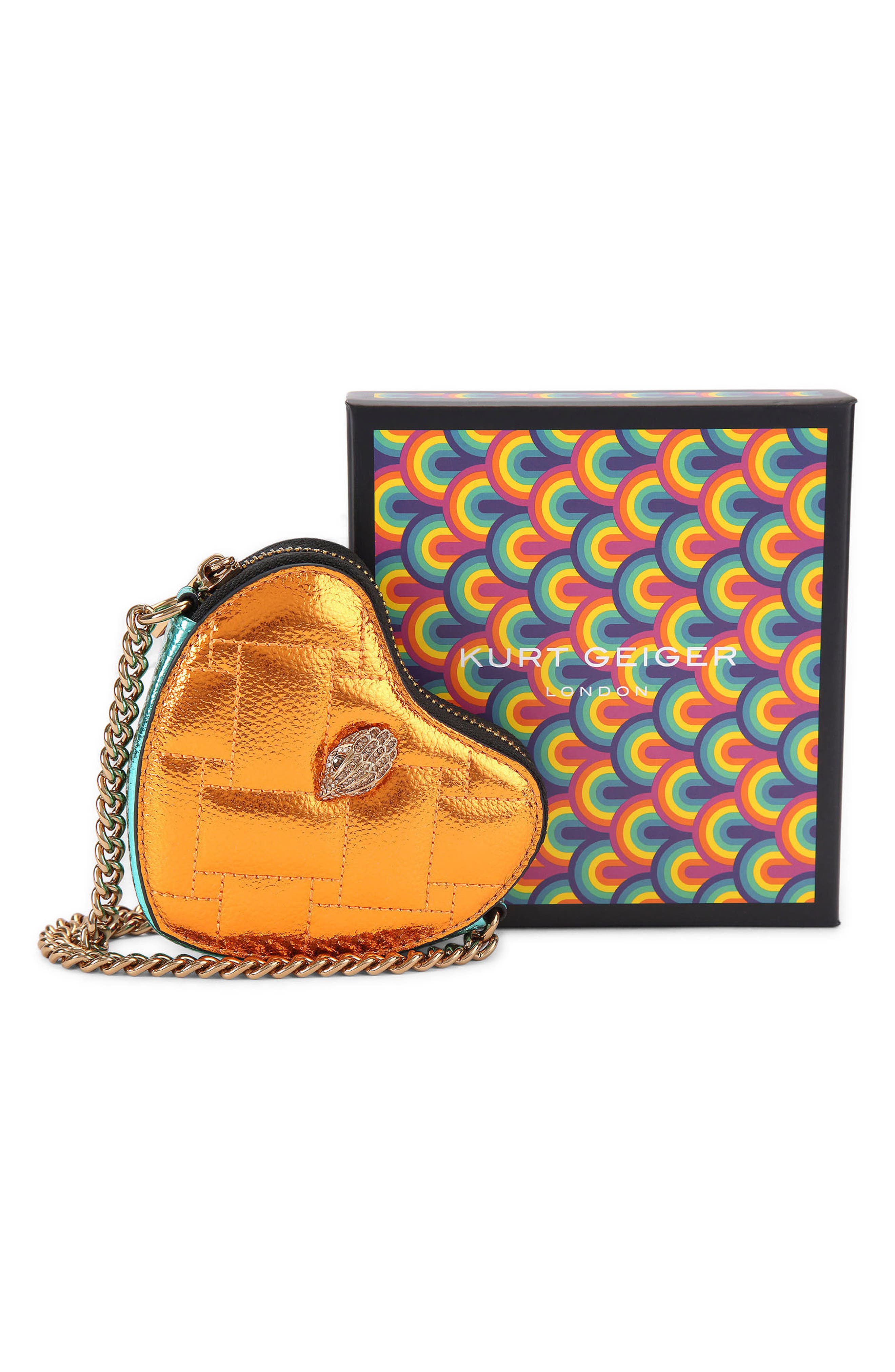 Kurt Geiger London Micro Heart Leather Crossbody Bag, Alternate, color, Orange Shimmer