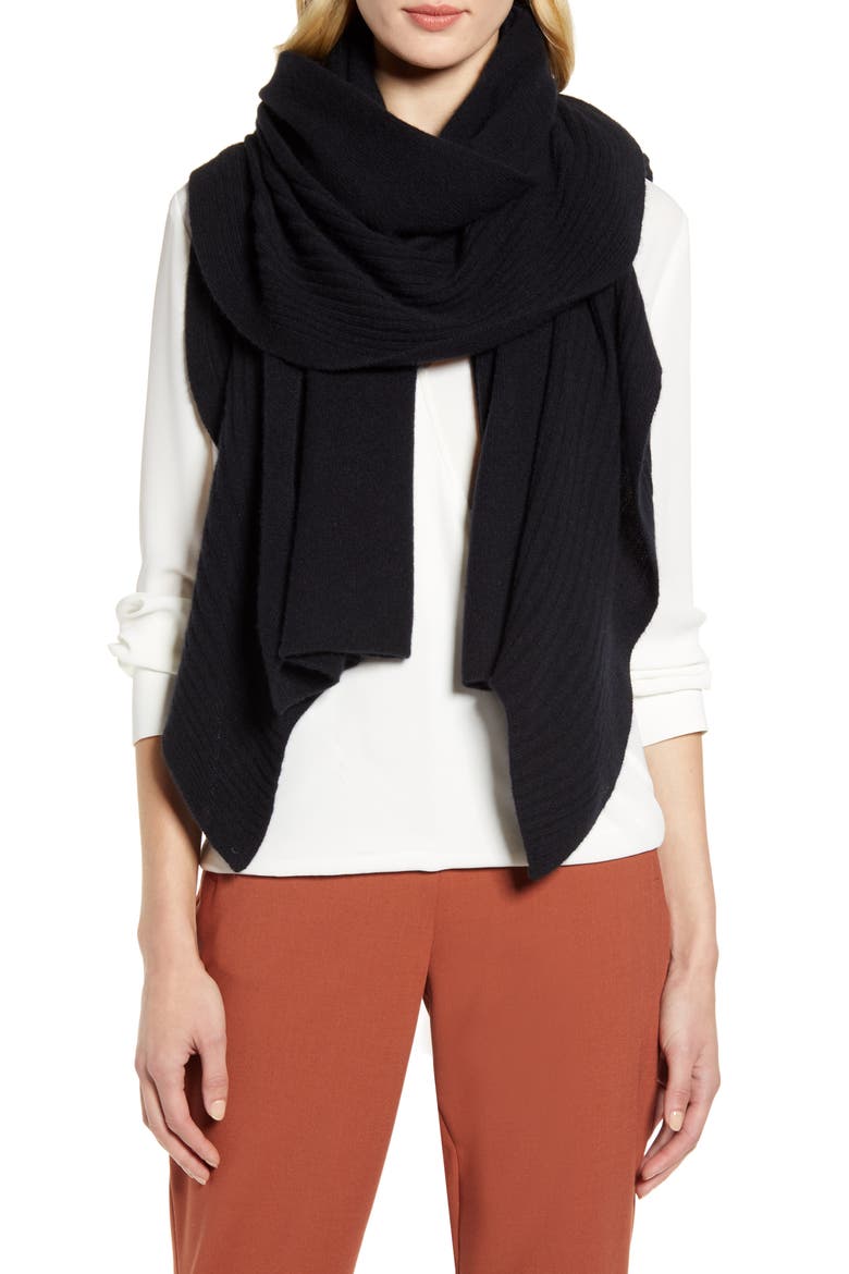Rib Ruffle Cashmere Scarf, Main, color, BLACK