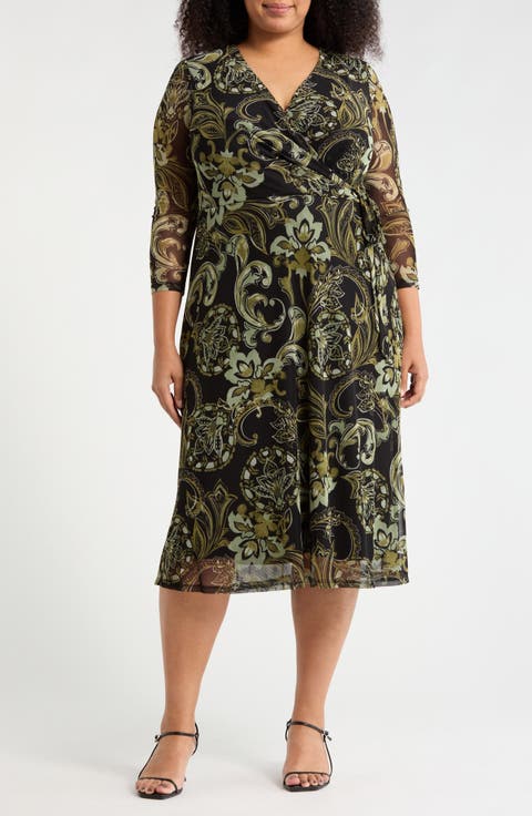 Paisley Mesh Faux Wrap Midi Dress (Plus)