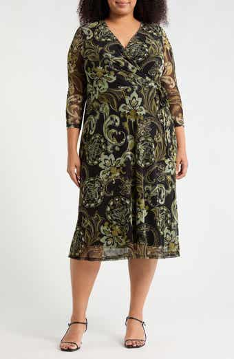 Connected Apparel Paisley Mesh Faux Wrap Midi Dress