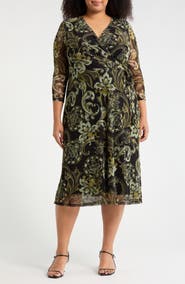 Connected Apparel Paisley Mesh Faux Wrap Midi Dress