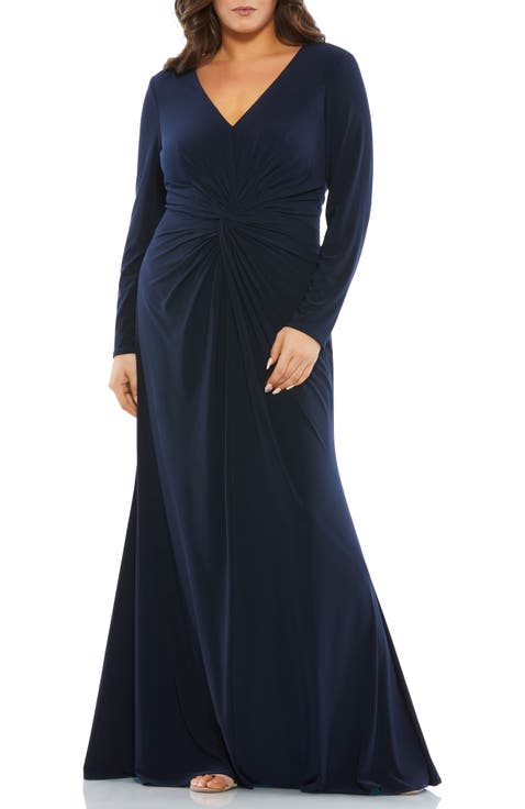 Front Twist Long Sleeve V-Neck Gown (Plus)