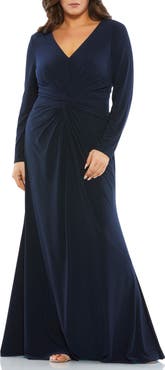 Mac Duggal Front Twist Long Sleeve V-Neck Gown