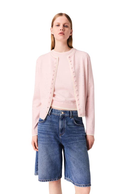 Maje Wool Cardigan With Rhinestones In Pink