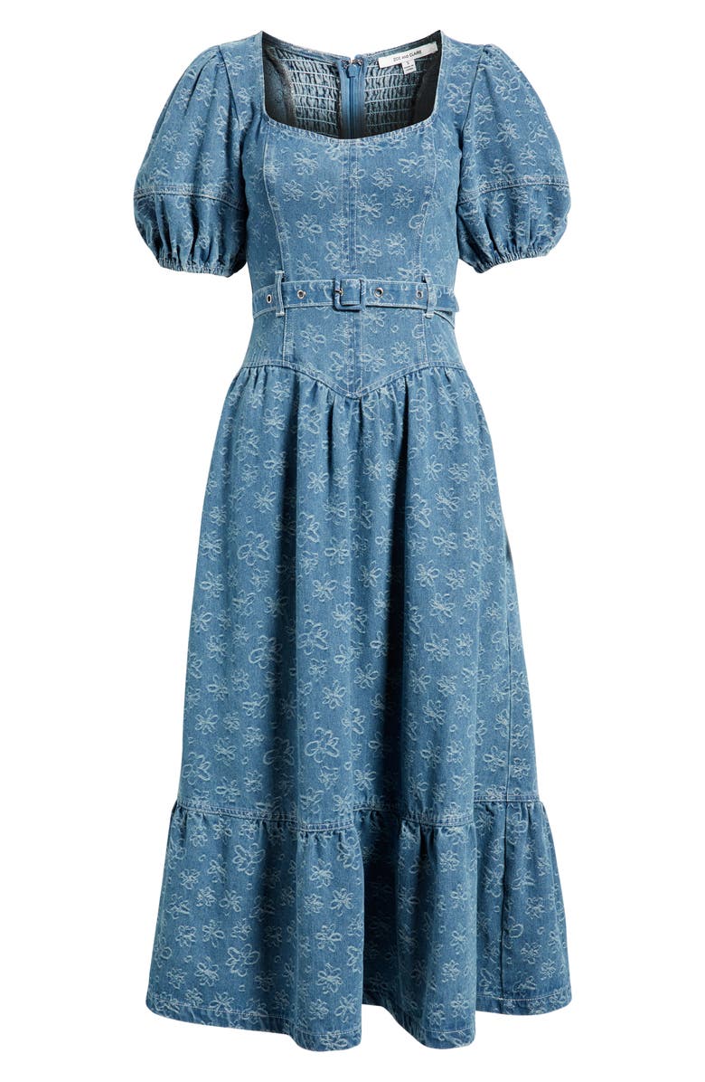 ZOE AND CLAIRE Jacquard Denim Belted Midi Dress, Alternate, color, Denim