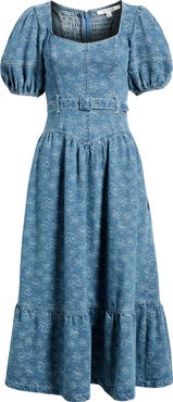 ZOE AND CLAIRE Jacquard Denim Belted Midi Dress