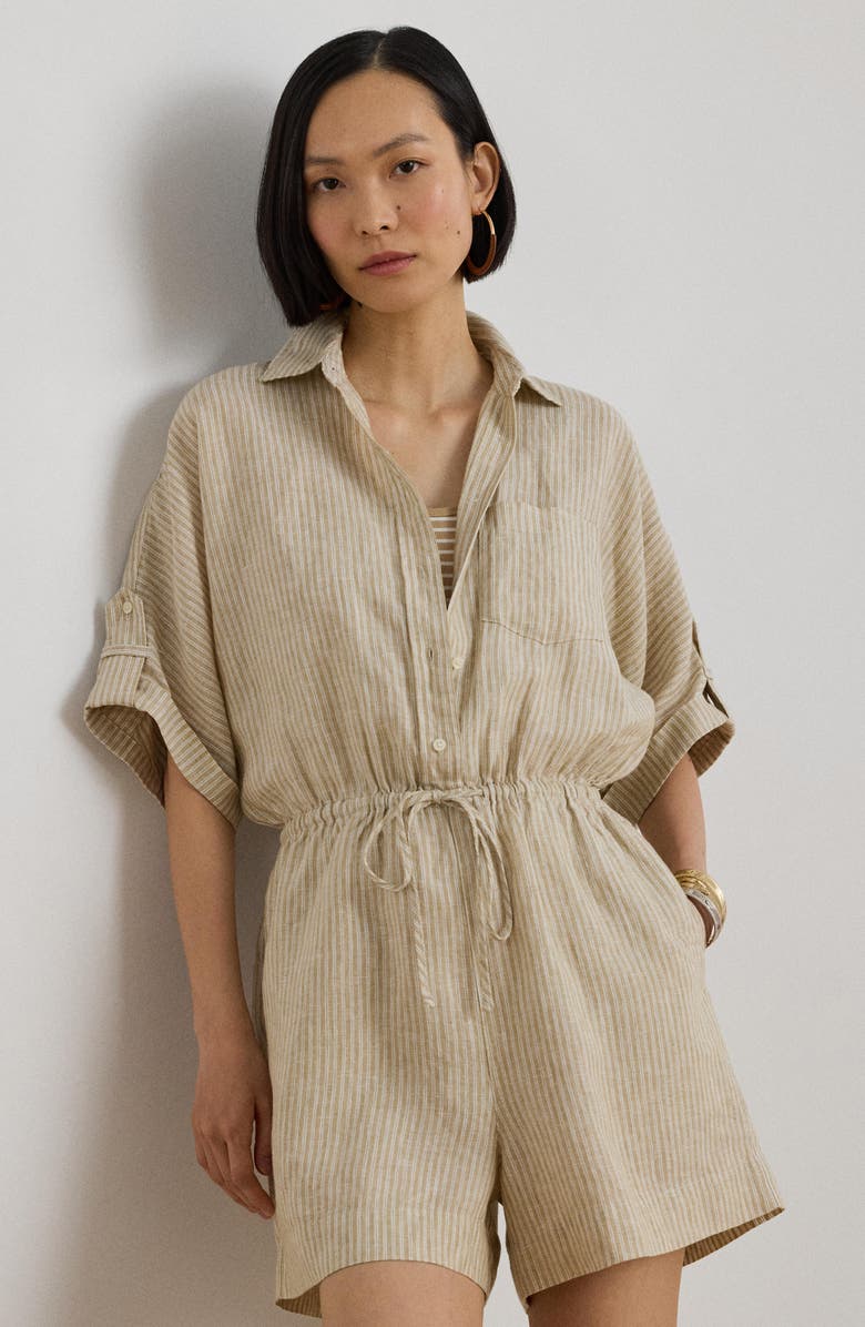 Lauren Ralph Lauren Stripe Linen Romper, Alternate, color, Brown/ White