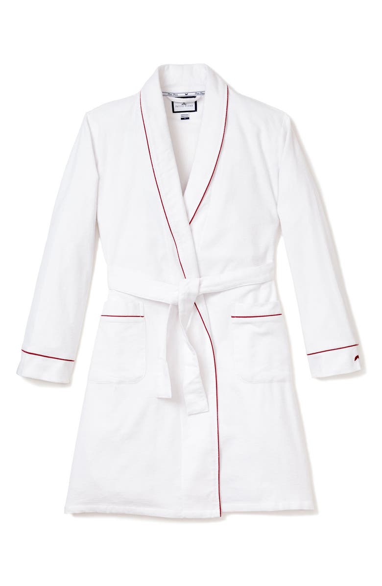 Petite Plume Contrast Piping Cotton Robe, Main, color, White