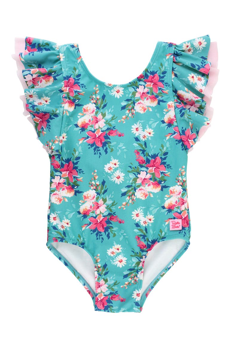 Kids' Fancy Me Floral Butterfly Sleeve One-Piece Swimsuit, Main, color, TEAL BLUE
