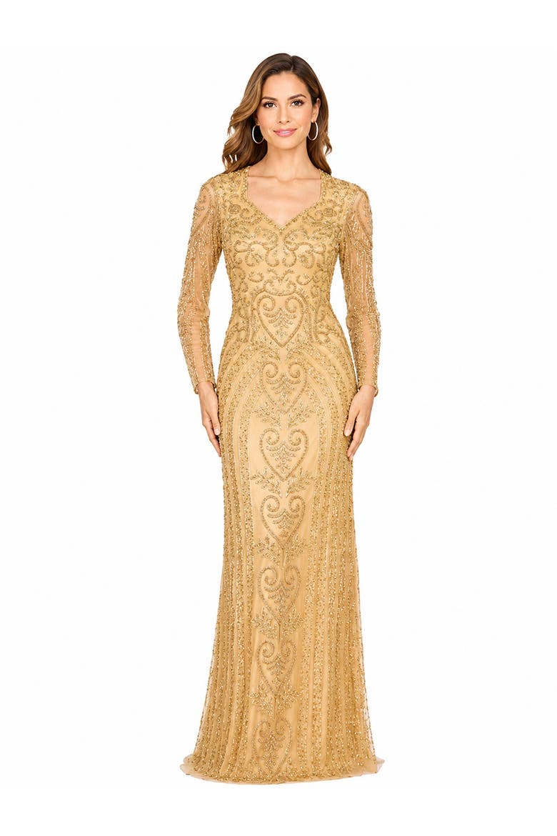 Beaded Faux-Wrap V-Neck Bridal Gown, Main, color, Gold