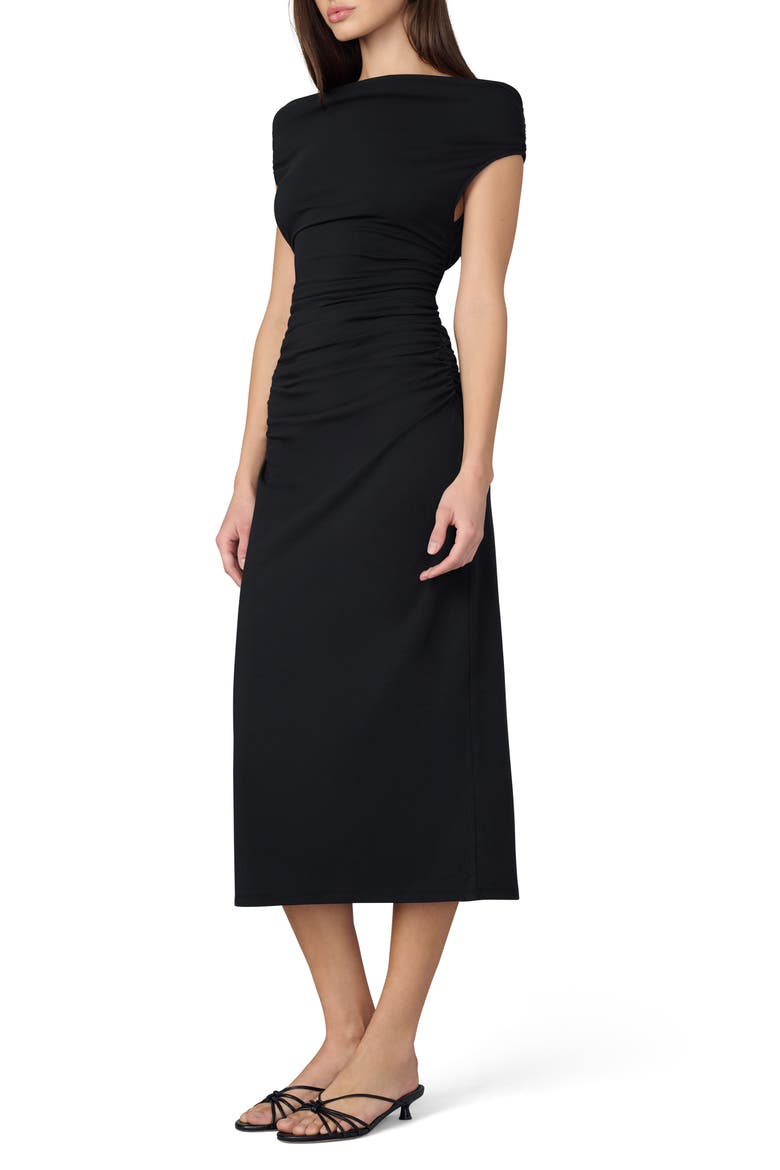The Mia Scrunch Off-the-Shoulder Midi Dress, Alternate, color, BLACK