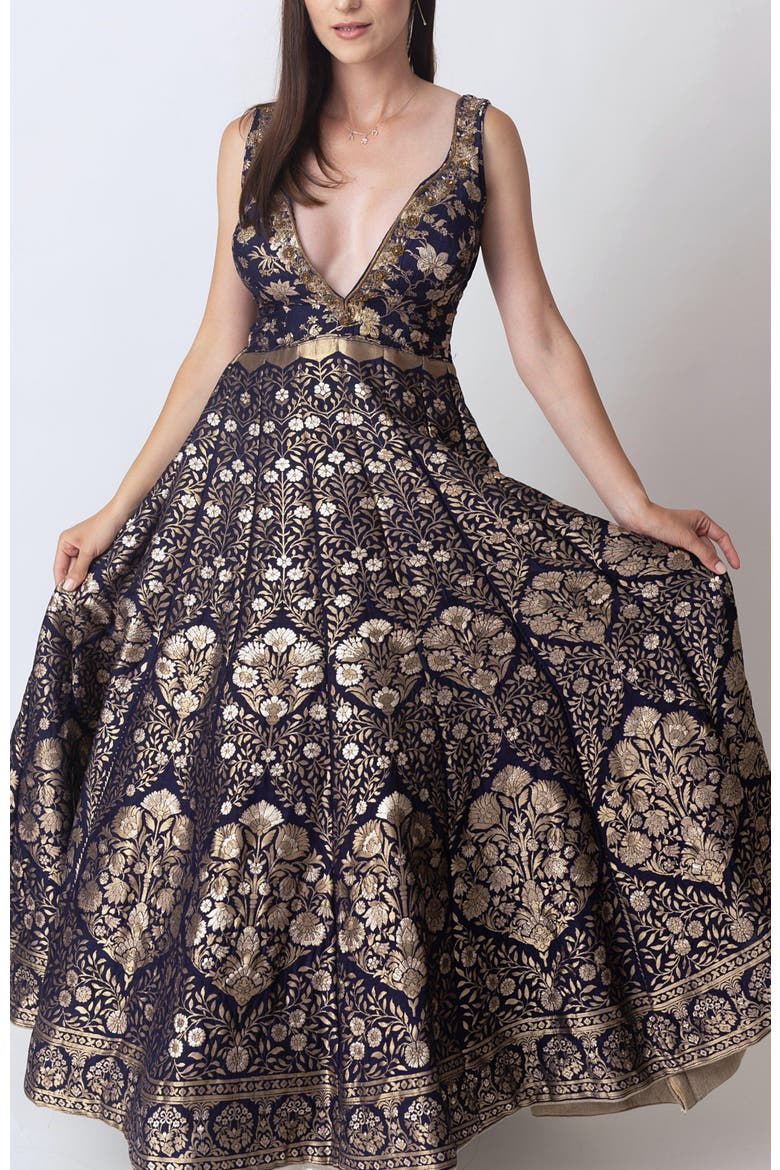 Alisha Brocade Plunge Neck Gown, Alternate, color, Navy