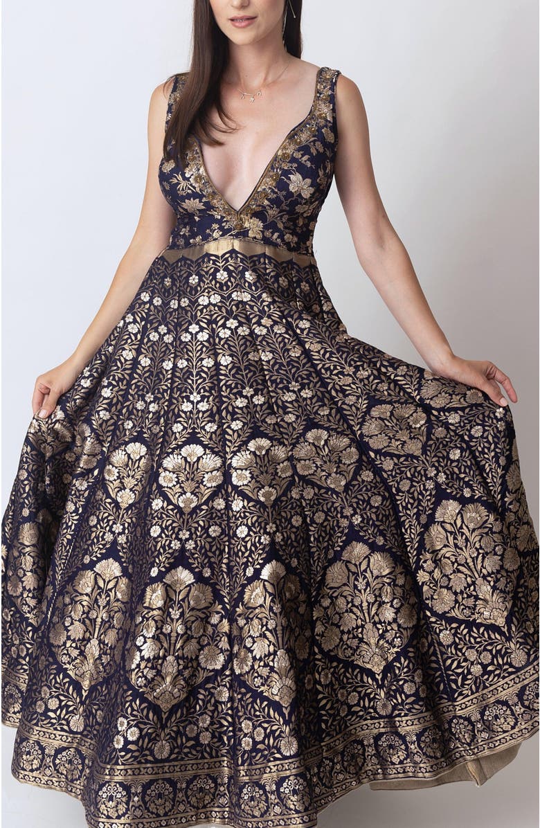 RAAS Alisha Brocade Plunge Neck Gown, Alternate, color, Navy