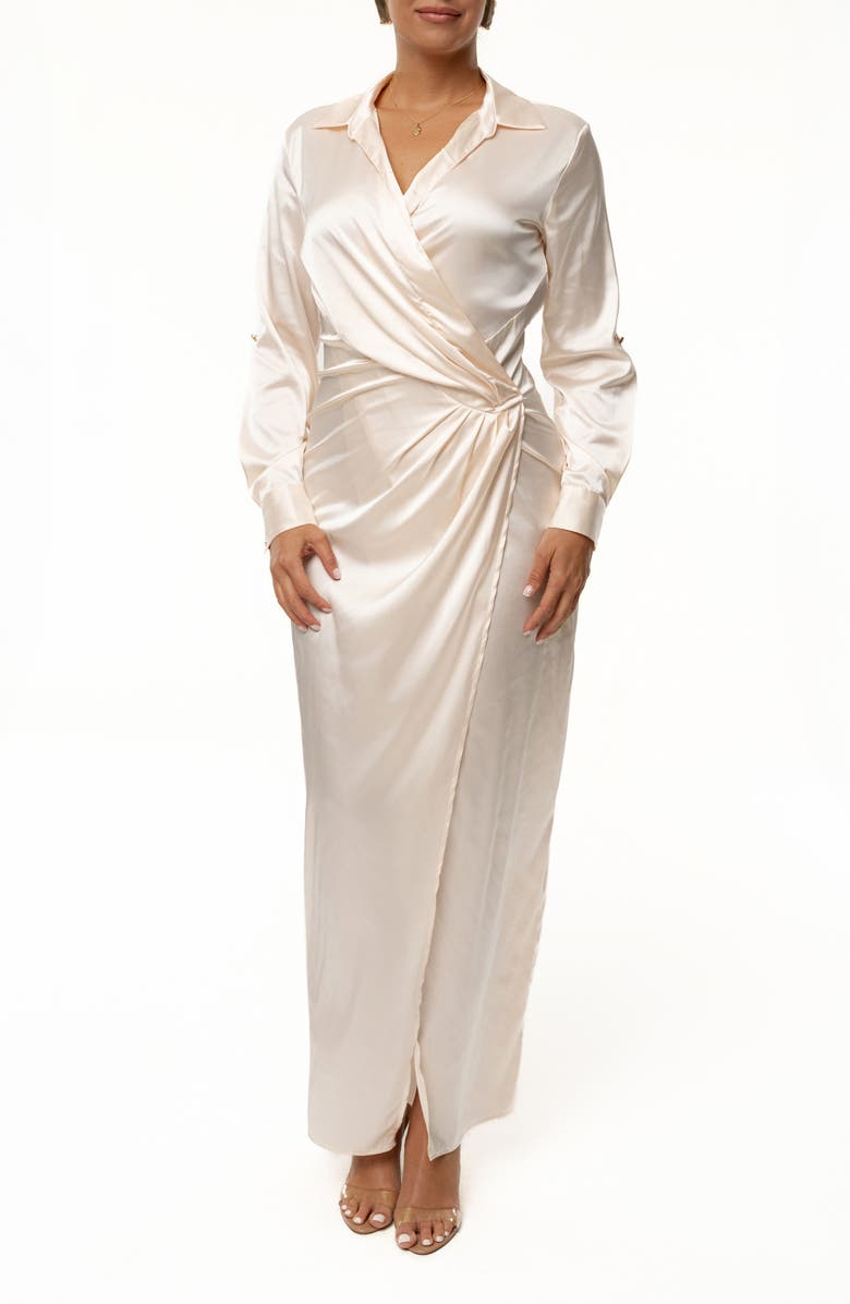 JLUXLABEL Front Wrap Long Sleeve Satin Maxi Dress, Main, color, White