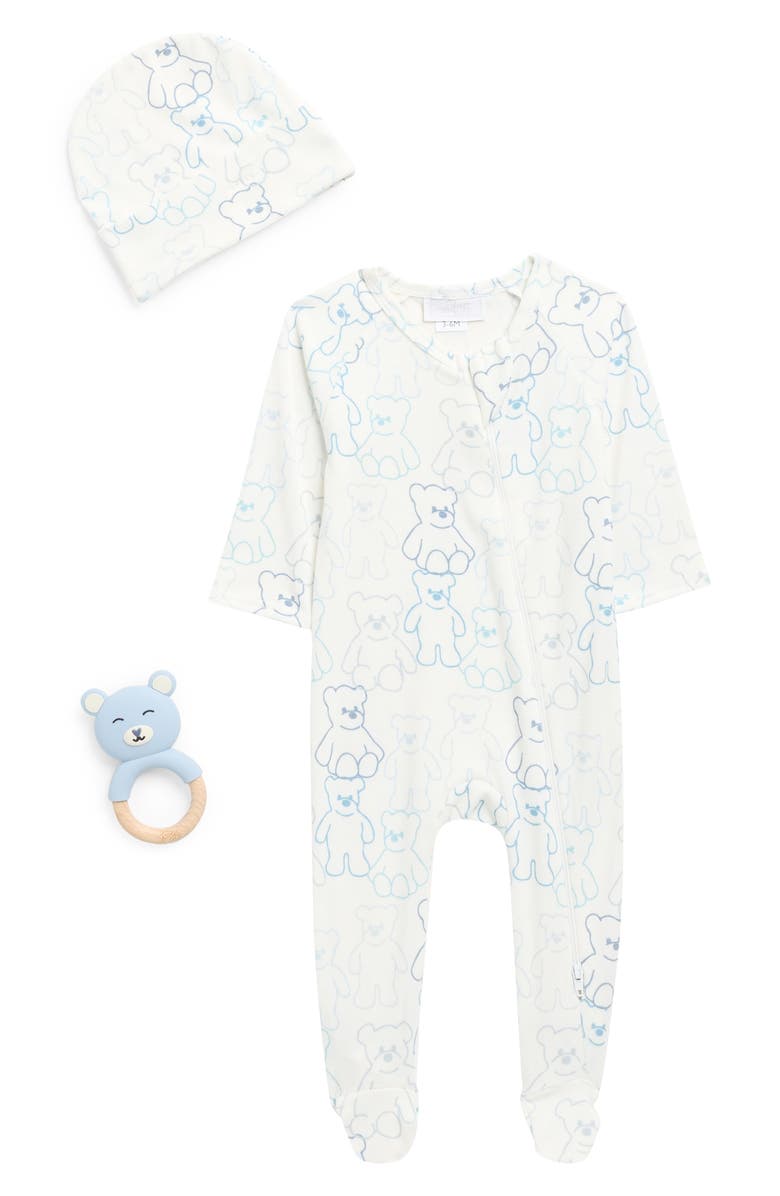Toby Bear Friends Footie, Hat & Teether Set, Main, color, White/Rain Blue