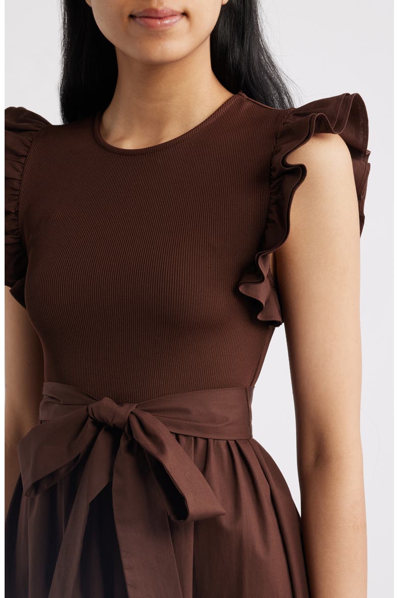 Ruffle Mixed Media Midi Dress, Alternate, color, DARK CHOCOLATE