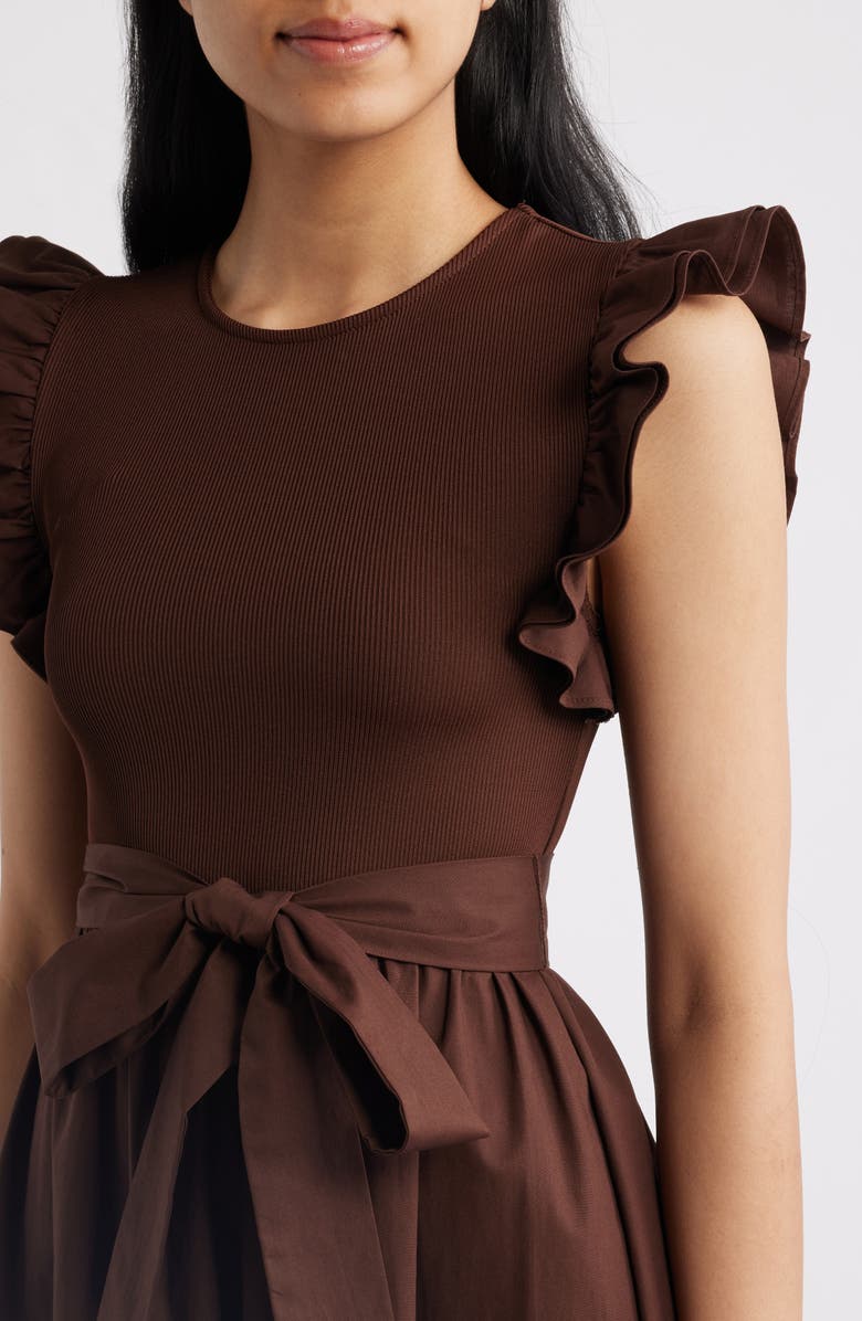 Anne Klein Ruffle Mixed Media Midi Dress, Alternate, color, Dark Chocolate