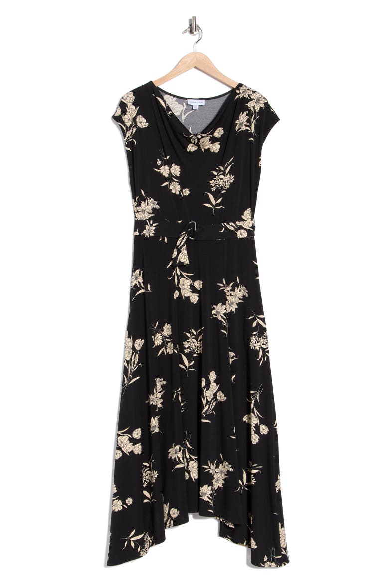 Belted Cowl Neck Handkerchief Dress, Alternate, color, FLORAL BLACK GROUND