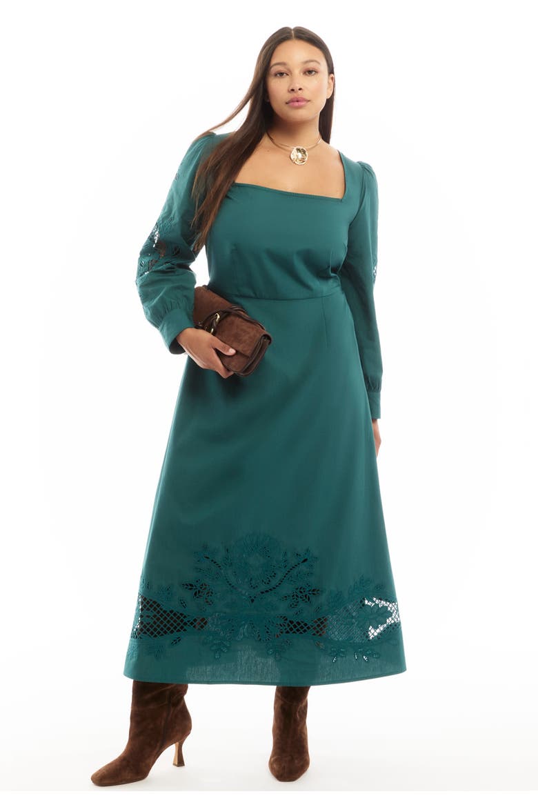 Puff Sleeve Poplin Midi Dress, Main, color, GREEN HERON
