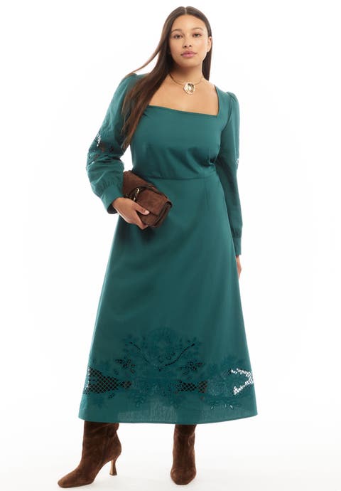 Puff Sleeve Poplin Midi Dress (Plus)