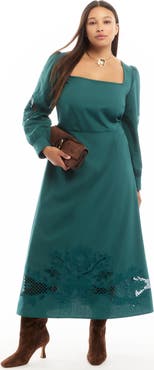 June + Vie Puff Sleeve Poplin Midi Dress