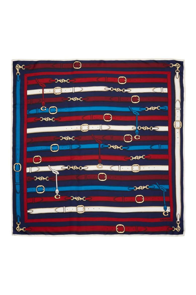 Multi Belt Print Silk Square Scarf, Alternate, color, NAVY MULTI