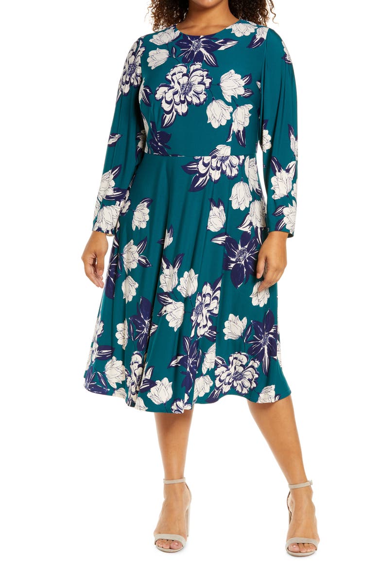 Floral Long Sleeve Midi Dress, Main, color, HUNTER