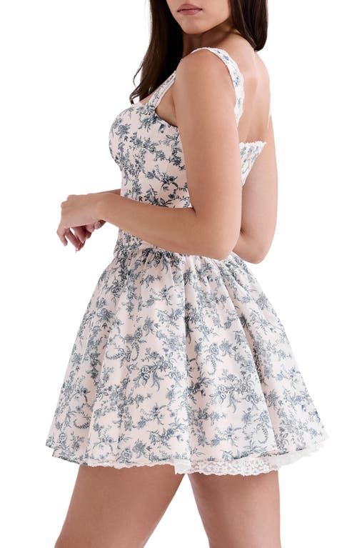 House Of Cb Womens Brigitte Print Corset Linen-blend Mini Dress English Porcelain In Navy Cream Floral