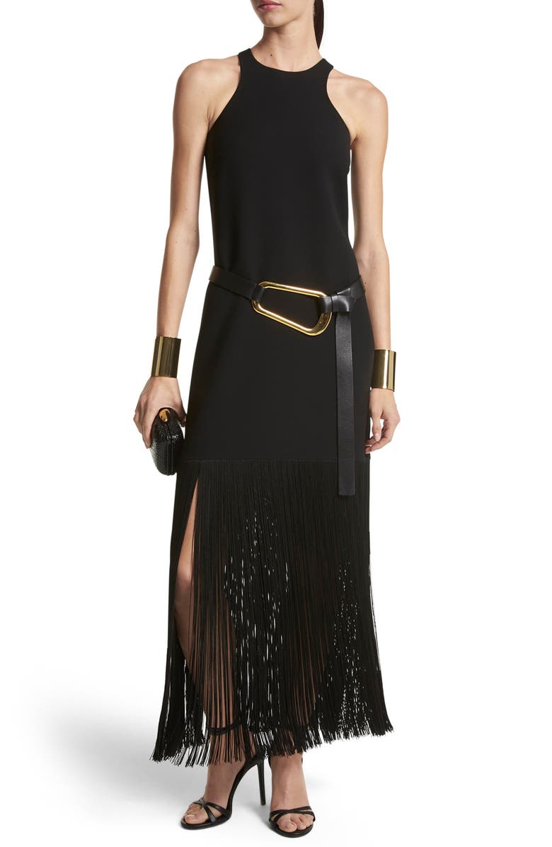 Michael Kors Collection Fringe Sleeveless Wool Crepe Dress, Main, color, 