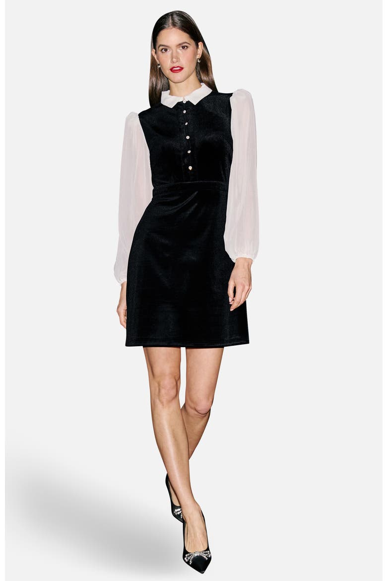 Contrast Long Sleeve Velvet Mini Dress, Main, color, Black